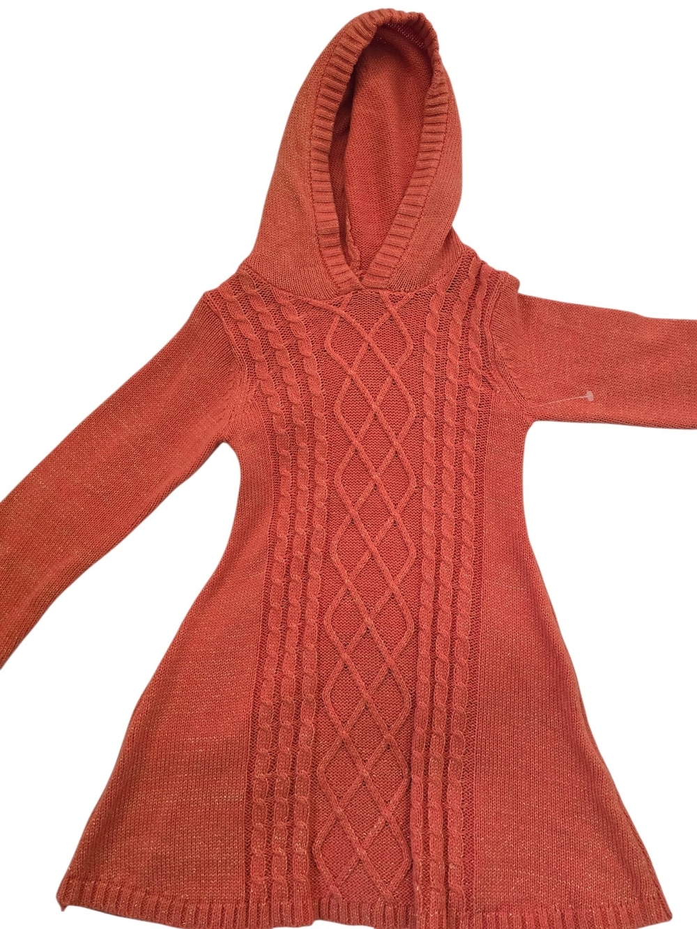 Girls' Hooded Cable Knit Dress in Rust